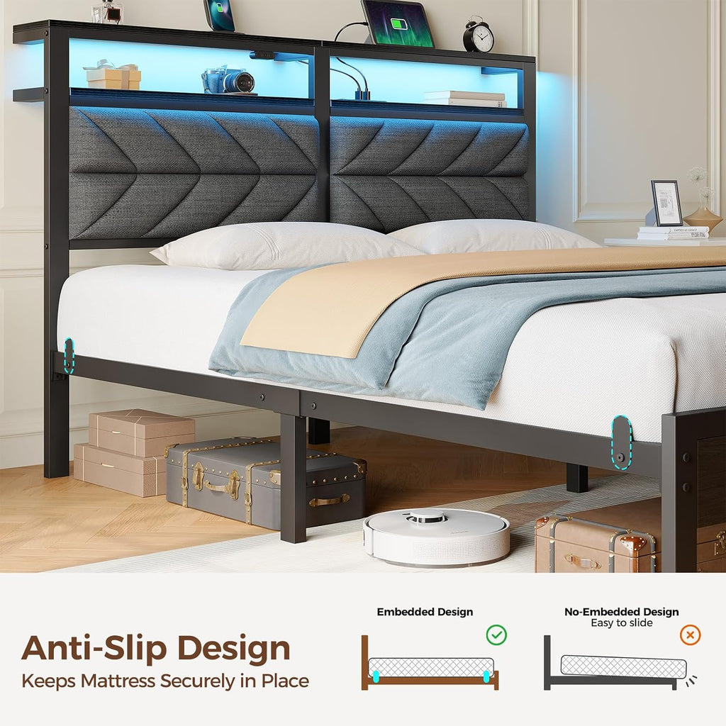 Seventable Bed Frame Queen Size with Charging Station, LED Bed with Upholstered Storage Headboard, Metal Platform Bed with Under Bed Storage, No Box Spring Needed, Noise Free, Easy Assembly, Grey