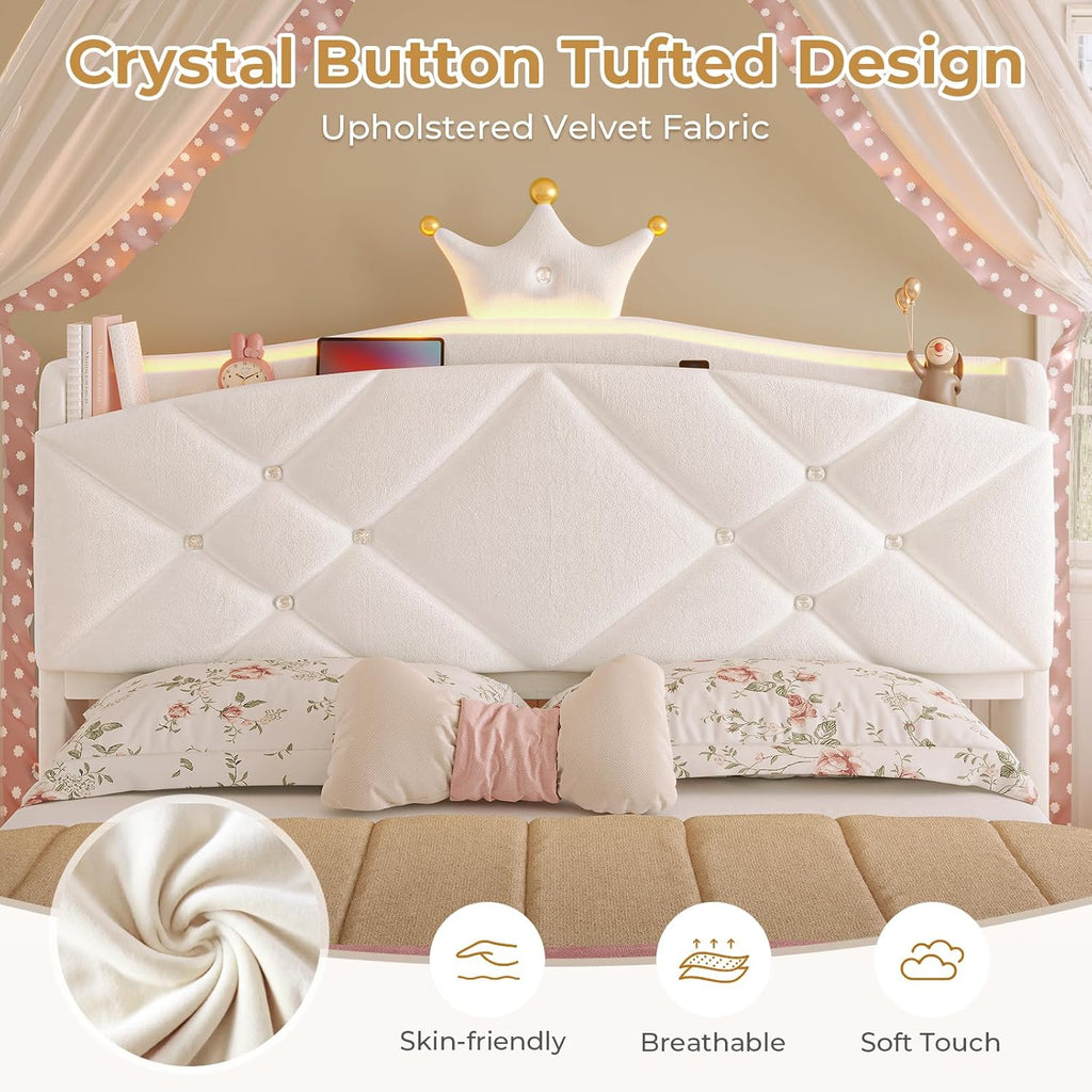 MSmask Full LED Bed Frame with Storage Headboard & 2 Storage Drawers, Princess Upholstered Bed with Charging Station & Crystal Button & Crown, Velvet Platform Bed for Girls, Curved Legs, Cream White