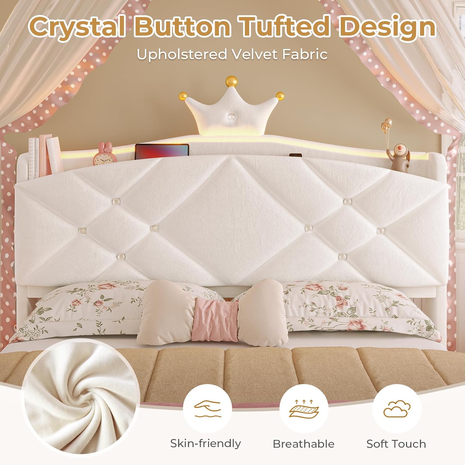 MSmask Full LED Bed Frame with Storage Headboard & 2 Storage Drawers, Princess Upholstered Bed with Charging Station & Crystal Button & Crown, Velvet Platform Bed for Girls, Curved Legs, Cream White