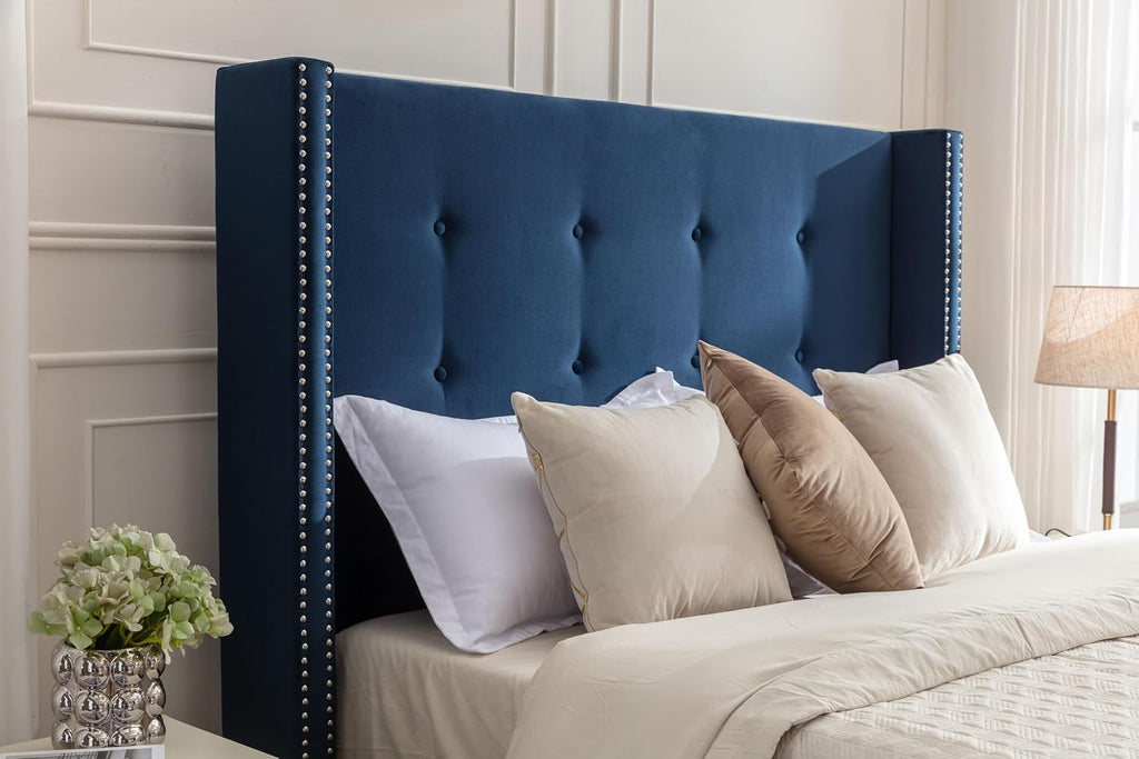 Upholstered Bed Frame, 54' Tall Headboard Wingback Upholstered Platform Bed Frame for Kids Teens Adults Bedroom Strong Wood Slats Support/No Box Spring Needed (Blue, King)