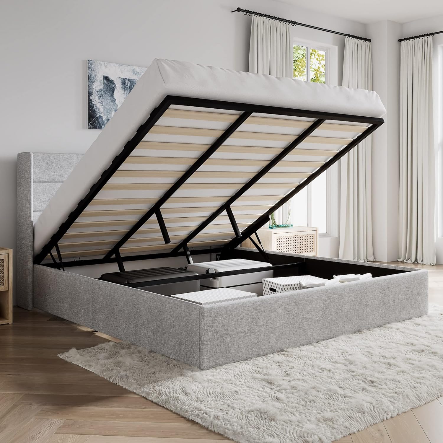 SHA CERLIN King Size Lift Up Storage Bed/Modern Wingback Headboard/Upholstered Platform Bed Frame/Hydraulic Storage/No Box Spring Needed/Wood Slats Support/Light Grey