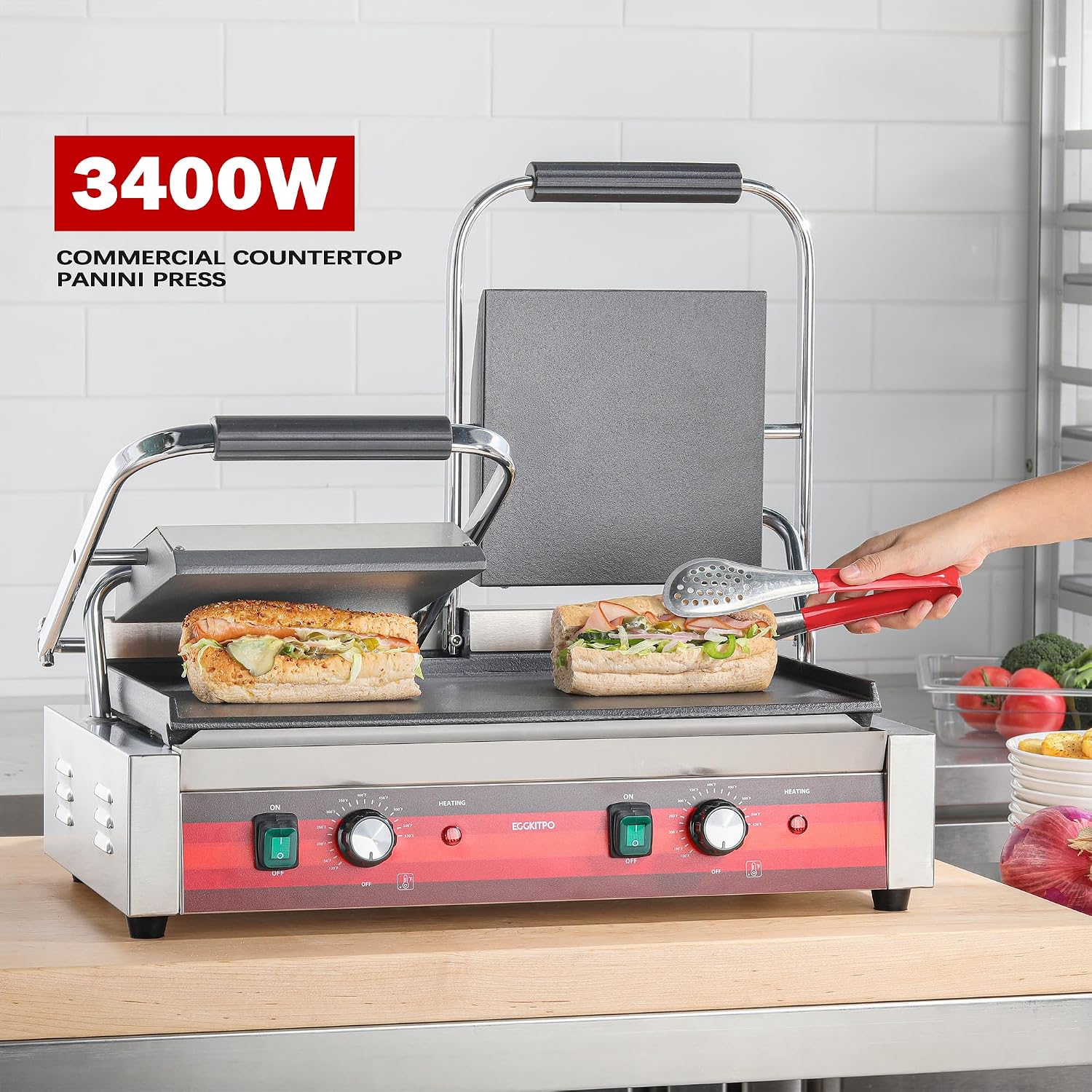 EGGKITPO Commercial Dual Panini Press with 2 Flat Plates Electric Panini Grill with Temperature Control and Handle 19.5' ×9.4' Large Cast Iron Sandwich Maker for Kitchen Business 110V 3400W