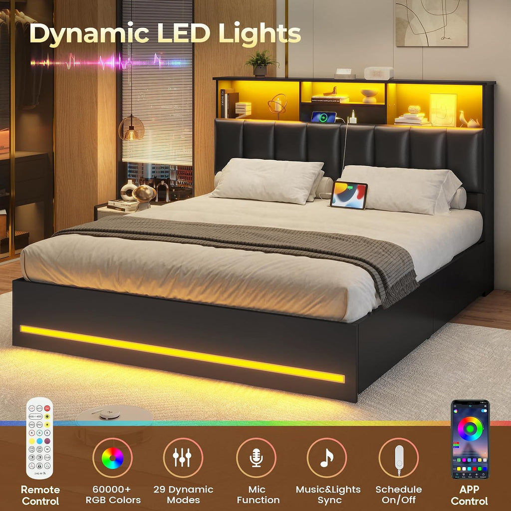 VIAGDO Full Size Bed Frame with Bookcase Headboard, Wooden Bed Frame Full Size with Charging Station, 4 Storage Drawers and LED Lights, with Type-C and USB, No Box Spring Needed, Black