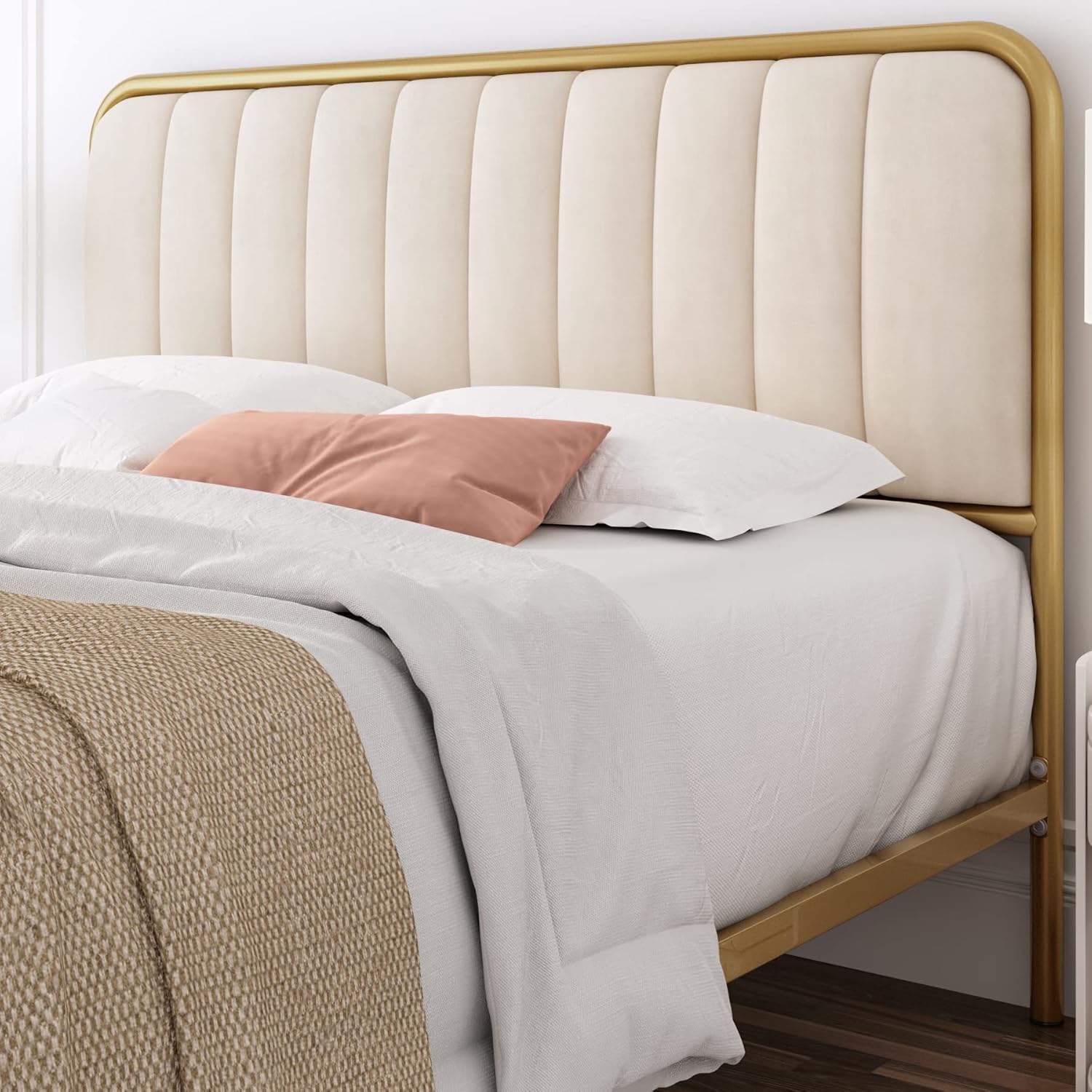 HITHOS Full Size Bed Frame with Button Tufted Headboard, Upholstered Heavy Duty Metal Mattress Foundation with Wooden Slats, Easy Assembly, No Box Spring Needed (Golden/Off White, Full)