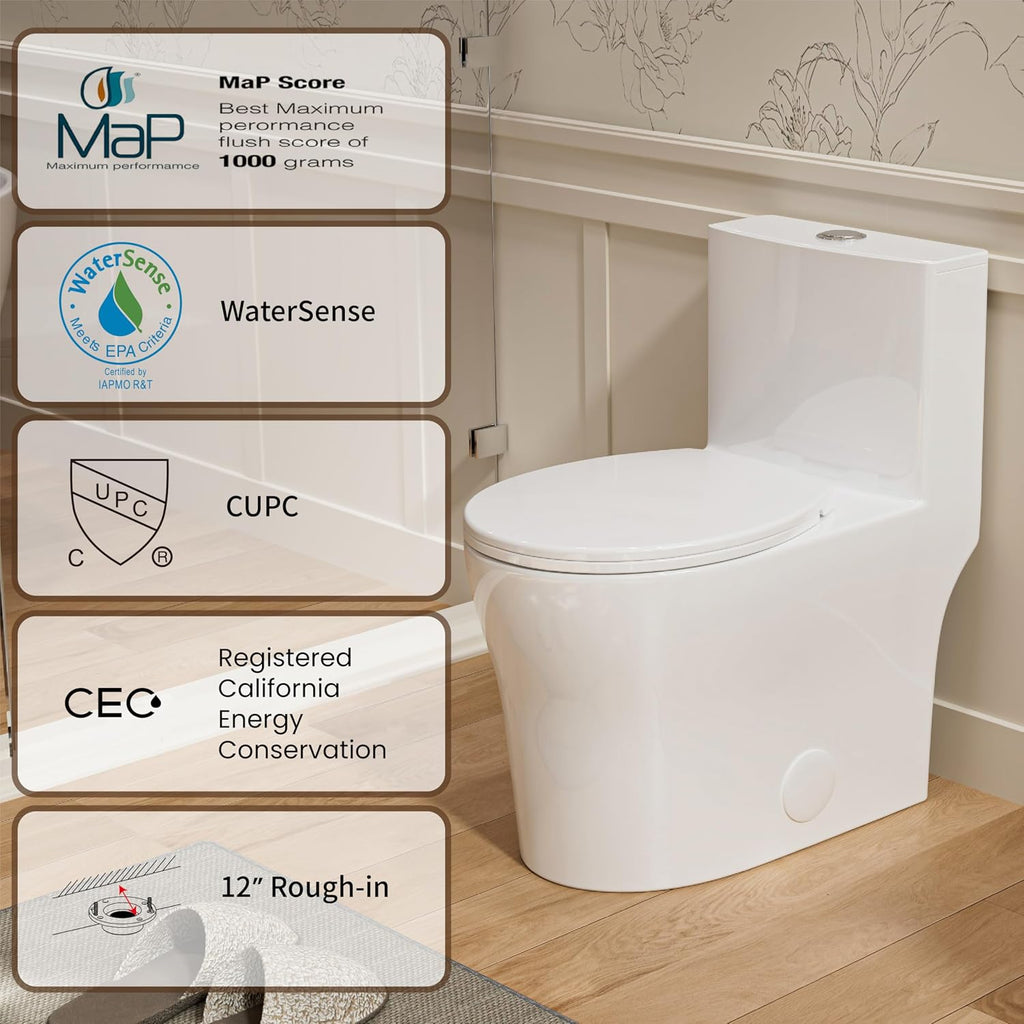 Casta Diva Compact One Piece Toilet for Small Bathroom, Round Modern Skirted Toilet with Soft Close Seat, Space Saving, 12'' Rough-in, High Efficiency Dual Flush and MAP 1000g, White