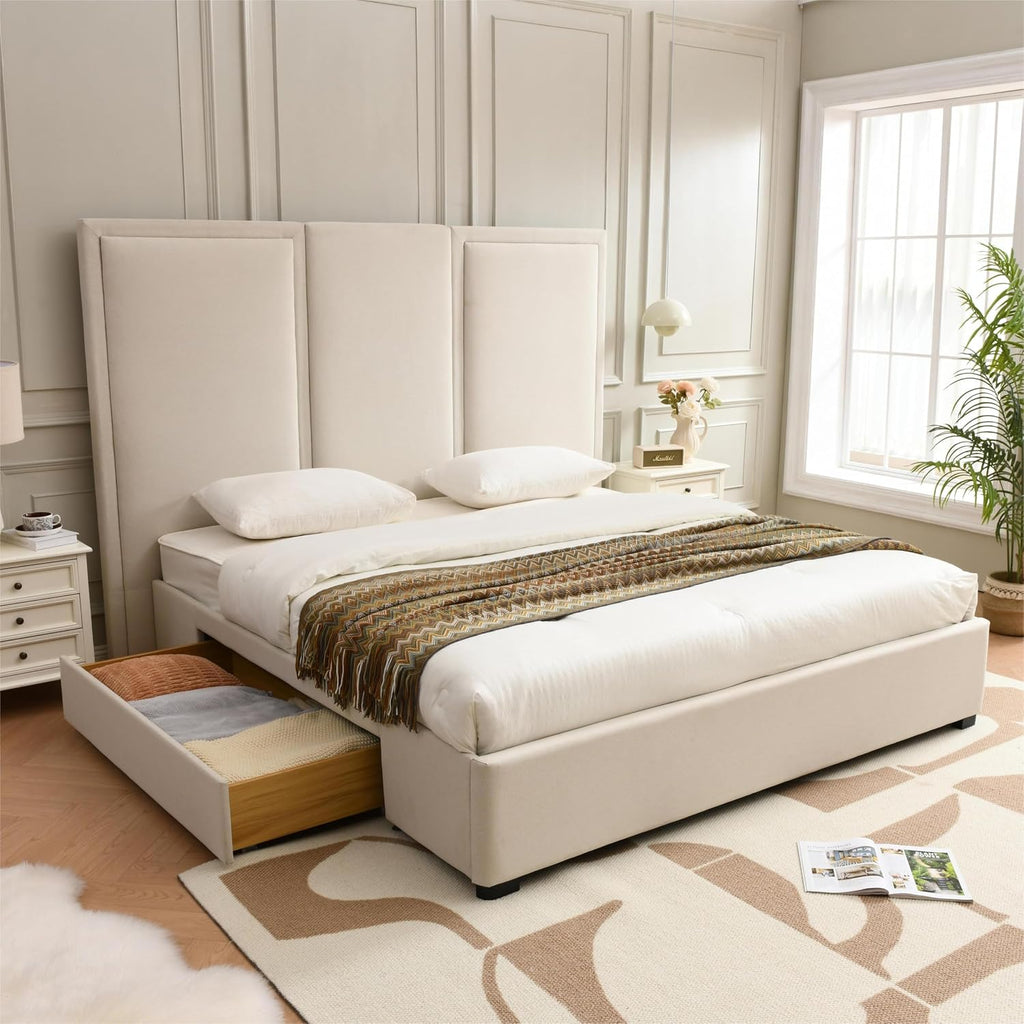 YUHUASHI King Size Bed Frame with 64-inch High Headboard, Simple and Airy Linen Upholstered Platform Bed with Storage Drawers, Wood Slat, No Noise (Beige, King)
