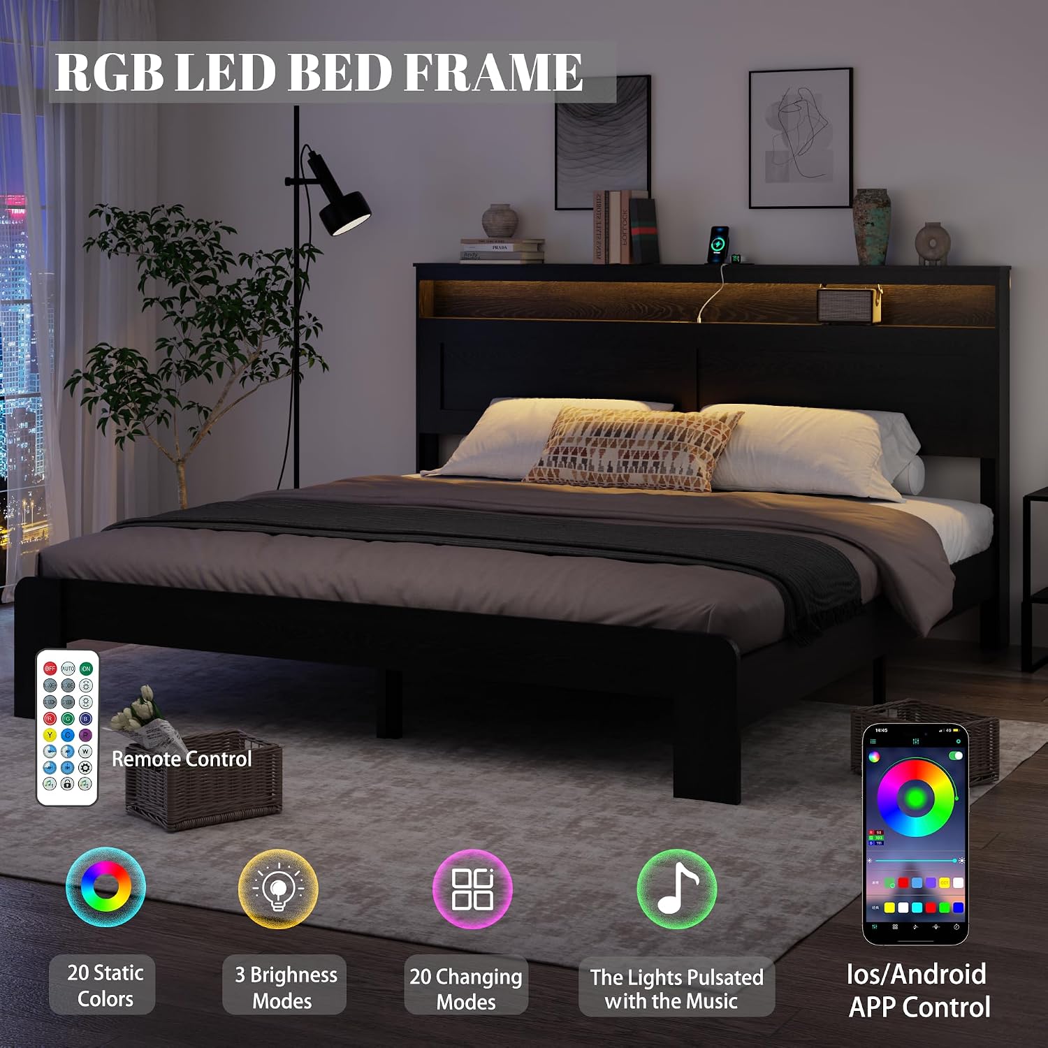 Wooden King Size Bed Frame with Headboard - Rustic Farmhouse Platform Bedframe with Metal Slat Support, Sturdy and No Noise, Easy Assembly (Rustic Black, King)