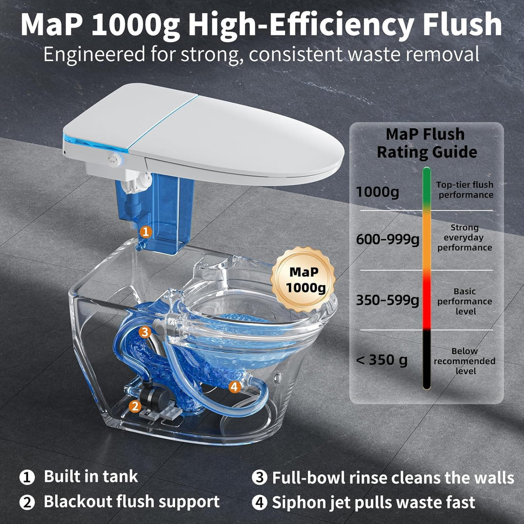Smart Toilet with Bidet Built in, Tank Built in with Powerful Flush, Heated Seat, Auto Flush and Close, Warm Water, Air Dryer, Night Light and ADA Comfort Height for Bathroom