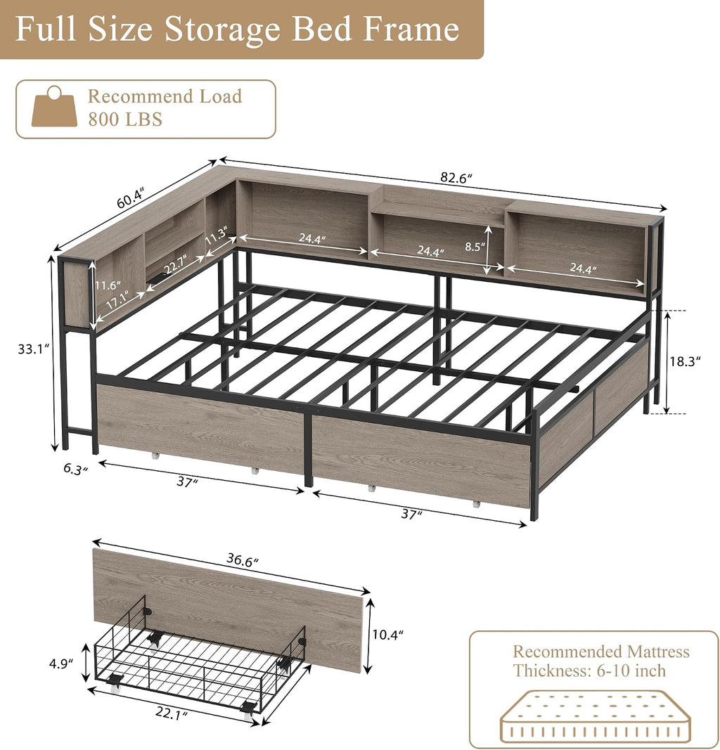 Corner Bed Frame with High Footboard Design, Full Size Bed Frame with 2 Storage Drawers and 8 Bookcases, Full Size Daybed with Charging Station for Kids Teens
