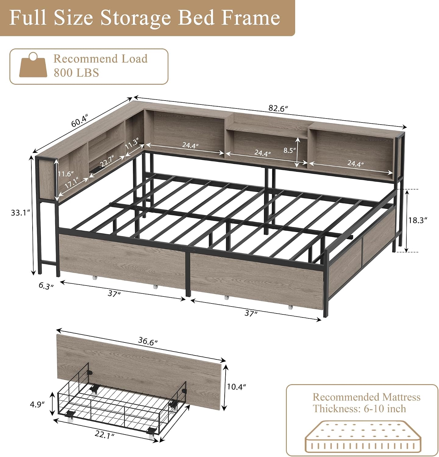 Corner Bed Frame with High Footboard Design, Full Size Bed Frame with 2 Storage Drawers and 8 Bookcases, Full Size Daybed with Charging Station for Kids Teens