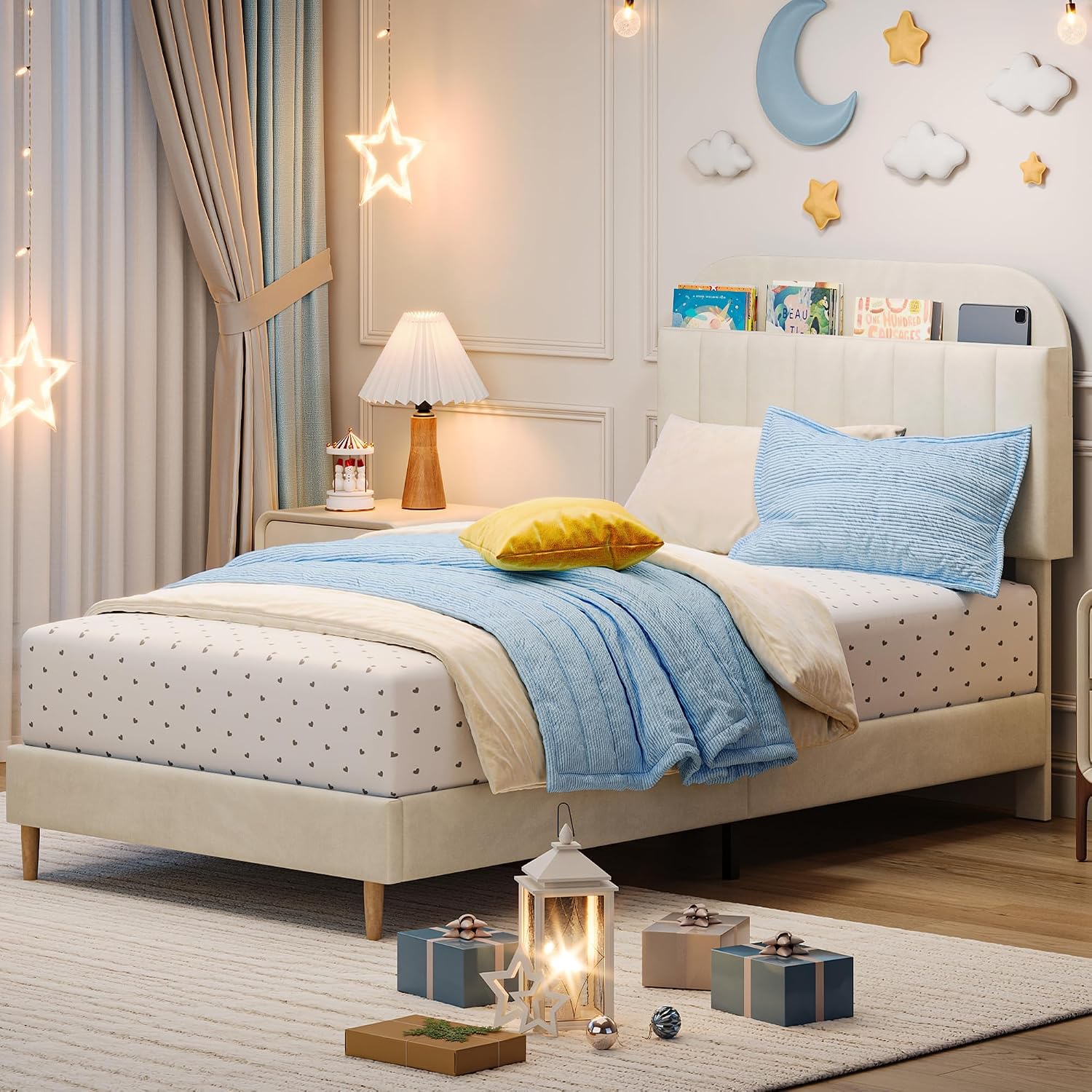 IDEALHOUSE Full Bed Frames, Upholstered Platform Bed Frame with Bookcase Headboard, Velvet Platform Bed Mattress Foundation, Heavy Duty Steel Support Legs, Easy Assembly, Noise Free, Cream White