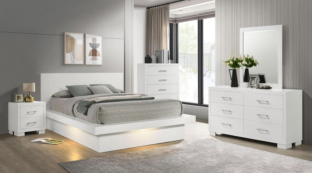 Coaster Home Furnishings Jessica Contemporary 5-Piece Bedroom Set Queen Size LED Panel Bed Frame 43-inch Headboard Snow White 202990Q-S5