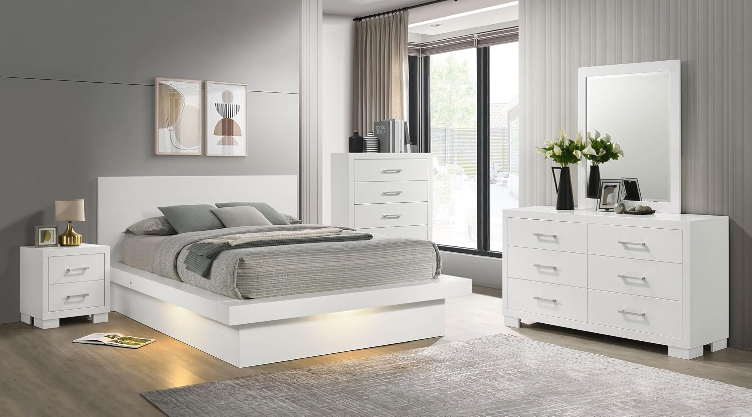 Coaster Home Furnishings Jessica Contemporary 5-Piece Bedroom Set Queen Size LED Panel Bed Frame 43-inch Headboard Snow White 202990Q-S5
