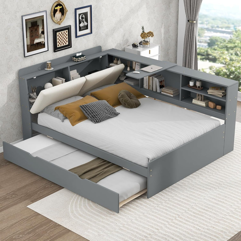 Corner Bed Frame with Storage Upholstered Headboard,Bookcase and Trundle,Full Size Floor Platform Bed with Rotatable Storage Board and Slat Support,Grounded L Shape Sofa Bed for Dorm or Guests,Gray