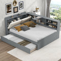 Corner Bed Frame with Storage Upholstered Headboard,Bookcase and Trundle,Full Size Floor Platform Bed with Rotatable Storage Board and Slat Support,Grounded L Shape Sofa Bed for Dorm or Guests,Gray