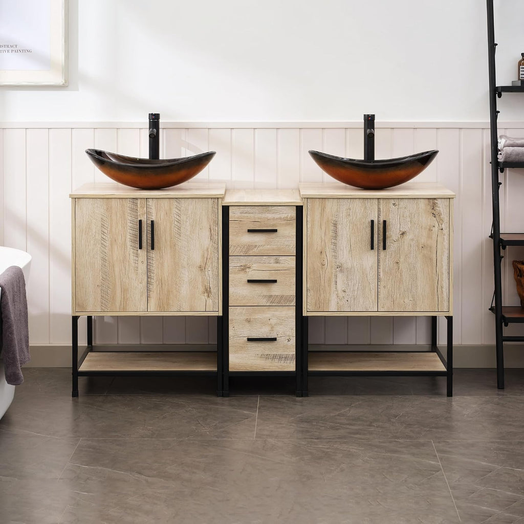 UEV Rustic Oak 60' Double Bathroom Vanity with Sink Combo,Industrial Iron Frame 2 Main Bathroom Vanity with Middle 3 Drawers Cabinet,Modern Brown Boat Tempered Glass Vessel Sink(029BR)