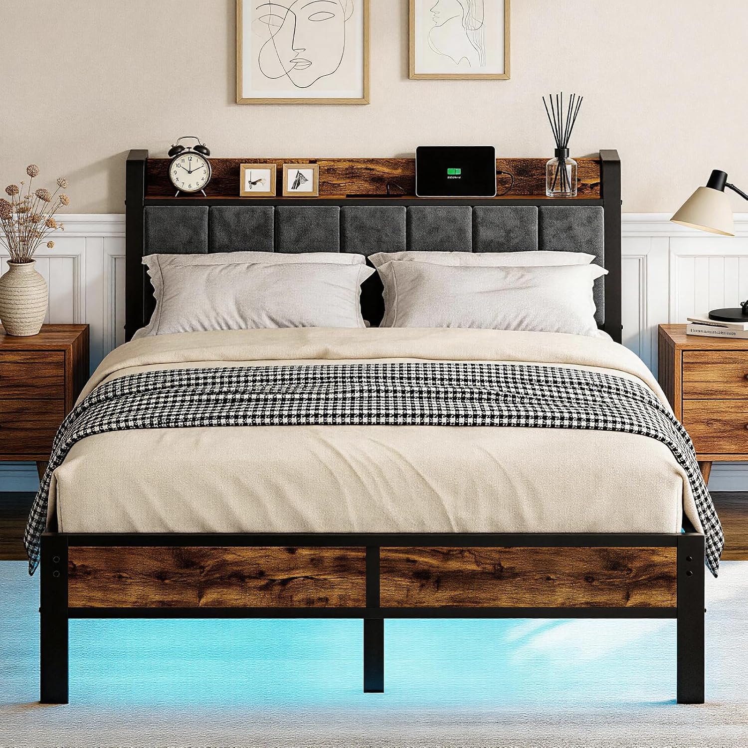 Liians Full Size LED Bed Frame with Charging Station and Storage Headboard, Metal Platform Bed, No Box Spring Needed, Easy Assembly, Noise Free