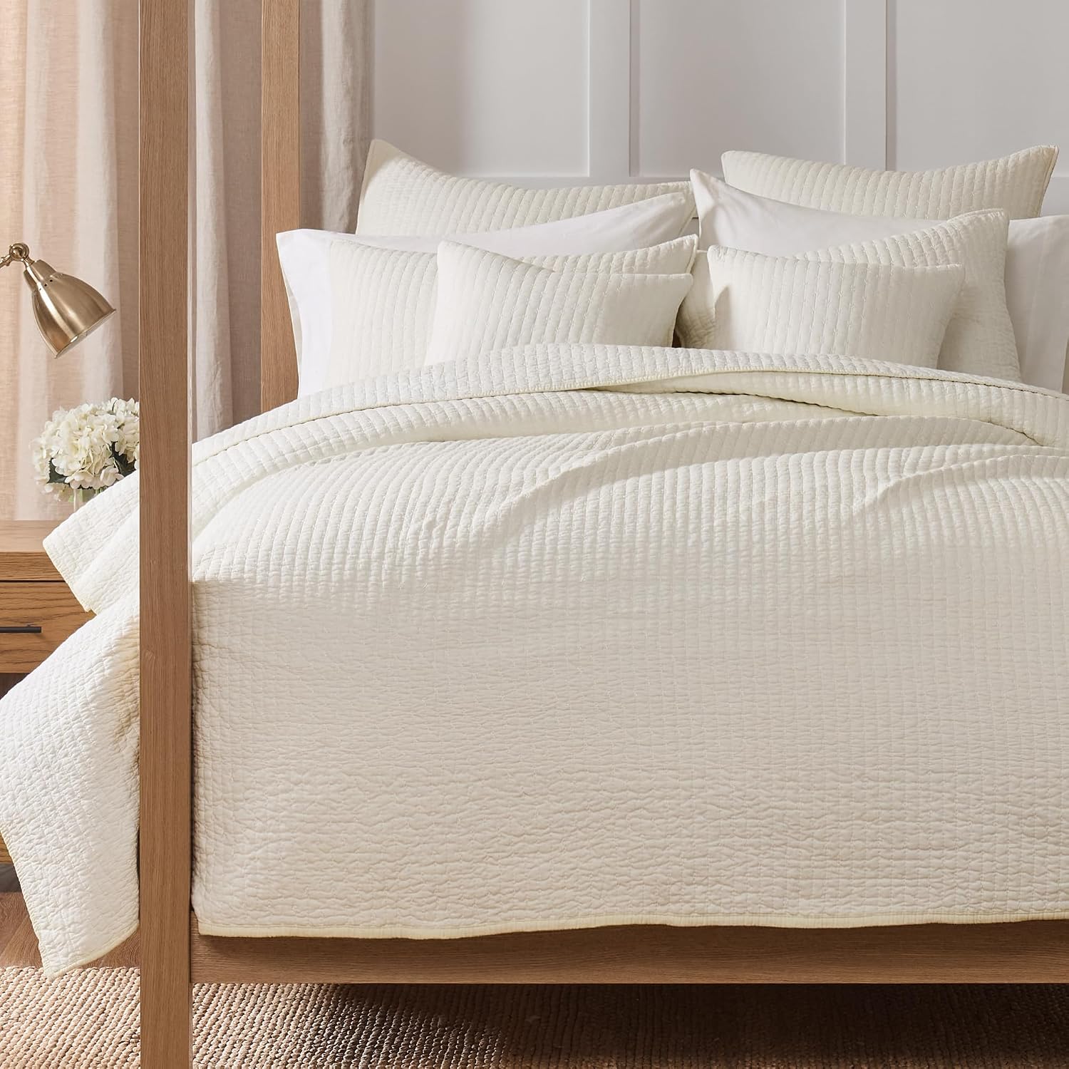 Levtex Home - Cross Stitch Quilt Set - 100% Cotton - King Quilt (106x92in.) + 2 King Shams (36x20in.) - Cream