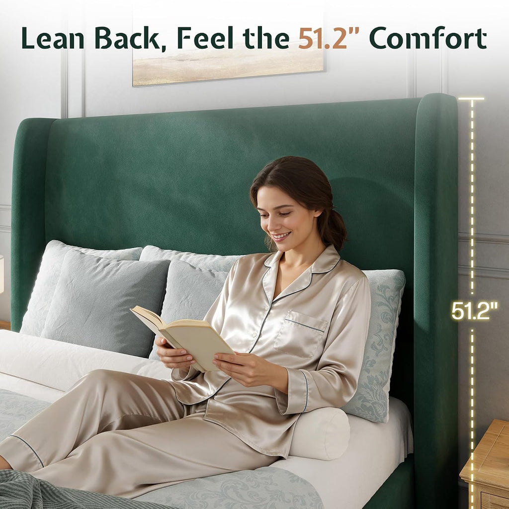 Jocisland Queen Size Bed Frame 51.2' Wingback Headboard Velvet Upholstered Platform Bed with Solid Wood Legs & Wooden Slats, No Box Spring Needed, Modern Minimalist Style, Easy Assembly, Dark Green