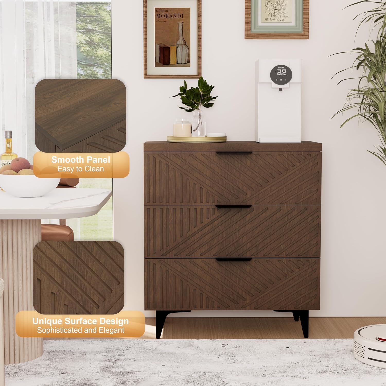 Royal Windsor Large Night Stand Fluted Nightstand with 3 Drawers, Side End Table with Storage, Modern Oversized Nightstands Bedside Table for Bedroom, Brown