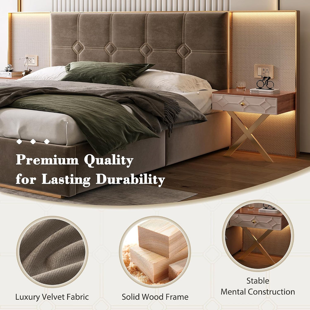 Luxurious King Platform Bed Frame with Metal Frame Headboard, Modern Velvet Upholstered Platform Bed with 2 Built-in Wall Lamps and Bedside Table for Bedroom Guestroom, Coffee