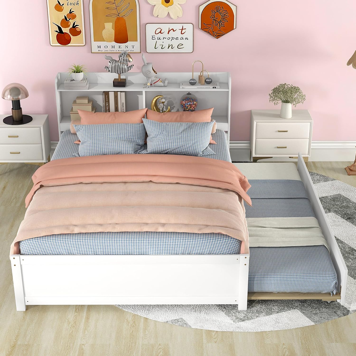 Full Size Bed Frame with Trundle,Captain's Bed Full with Bookcase Headboard for Kids,Trundle Bed with Storage for Kids,Teens,Adults(White)
