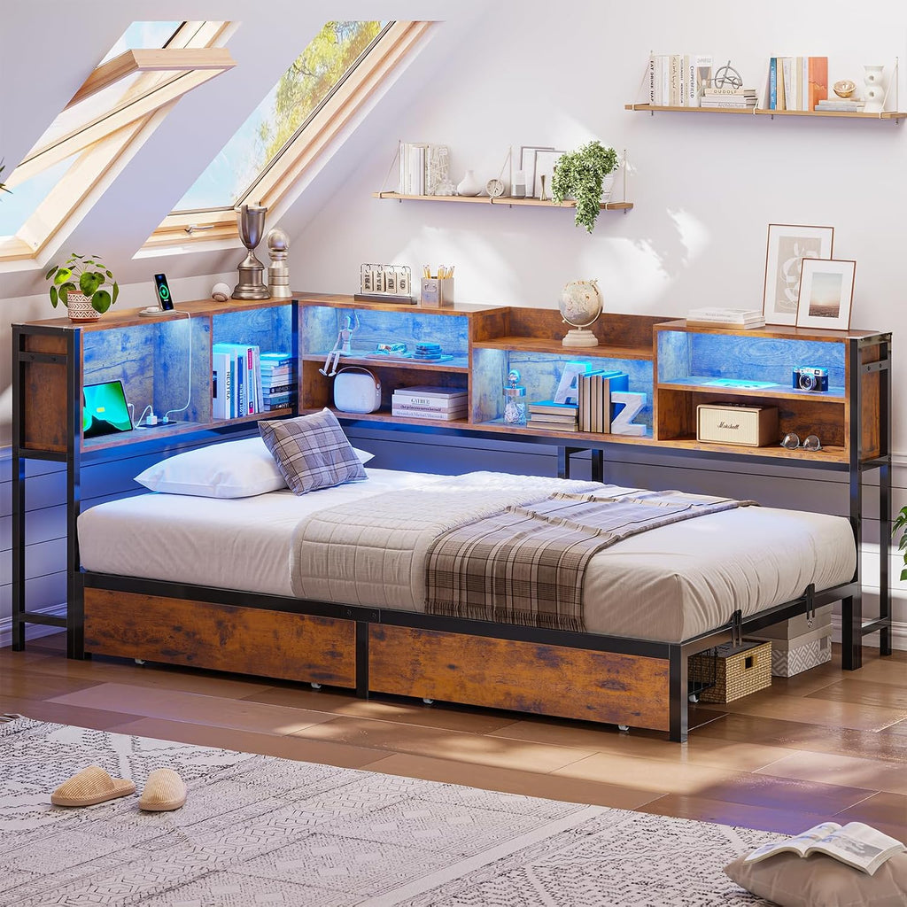 Hasuit Corner Bed Frame Twin with 2 Drawers and Storage Bookcase, Daybed with Charging Station and LED Lights, Metal Platform Bed with Bookshleves,Twin Size Bed Frame for Kids Teens Guests, Rustic
