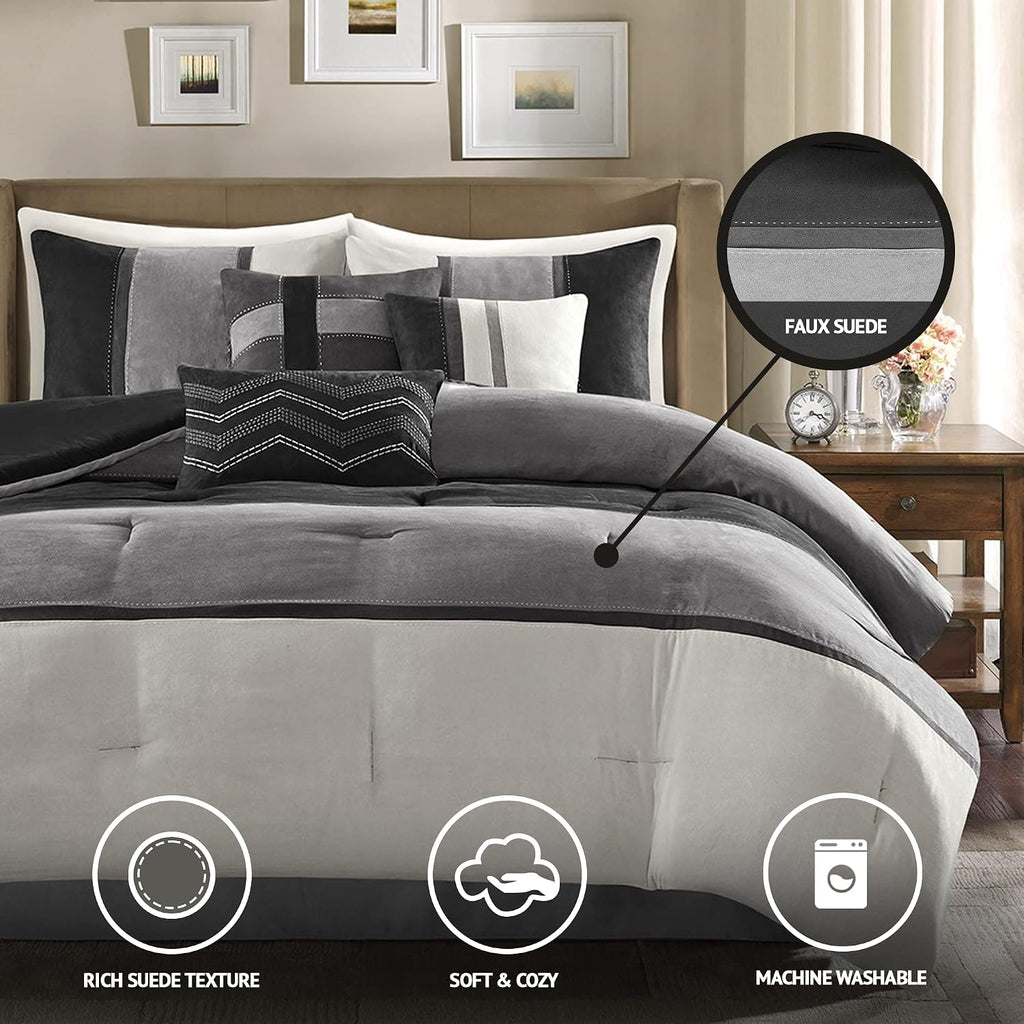 Madison Park Palisades Comforter Set Modern Faux Suede Pieced Stripe Design, All Season Down Alternative Cozy Bedding with Matching Shams, Decorative Pillows, King(104'x92'), Black 7 Piece