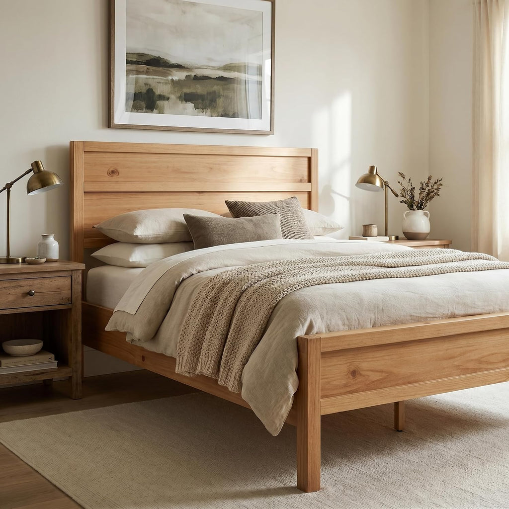 ComfIQ Solid Wood Platform Bed with Wooden Slats – Durable Frame, No Box Spring Required, Ample Underbed Storage, Pine, Queen, Bed and Clean-Line Headboard