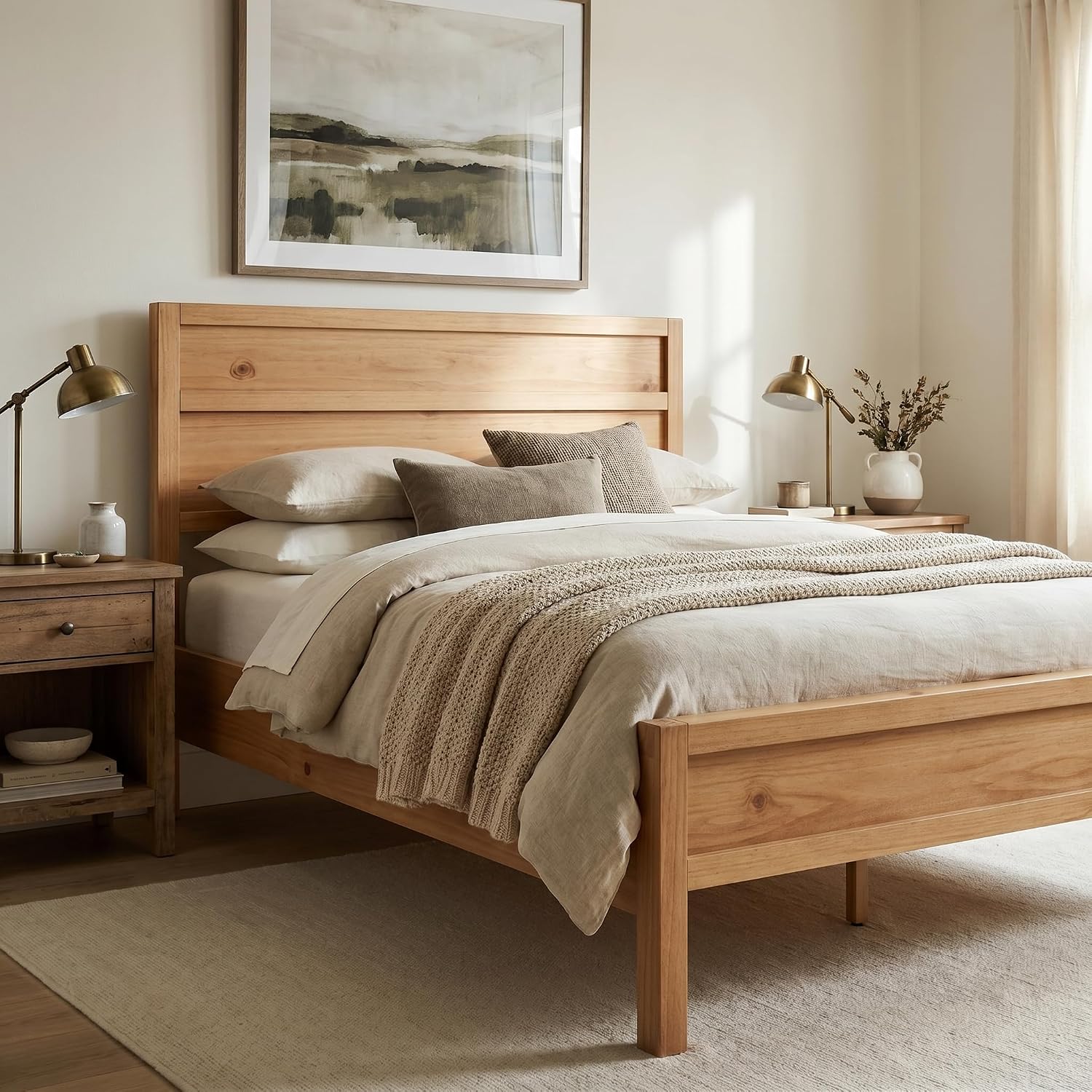 ComfIQ Solid Wood Platform Bed with Wooden Slats – Durable Frame, No Box Spring Required, Ample Underbed Storage, Pine, Queen, Bed and Clean-Line Headboard