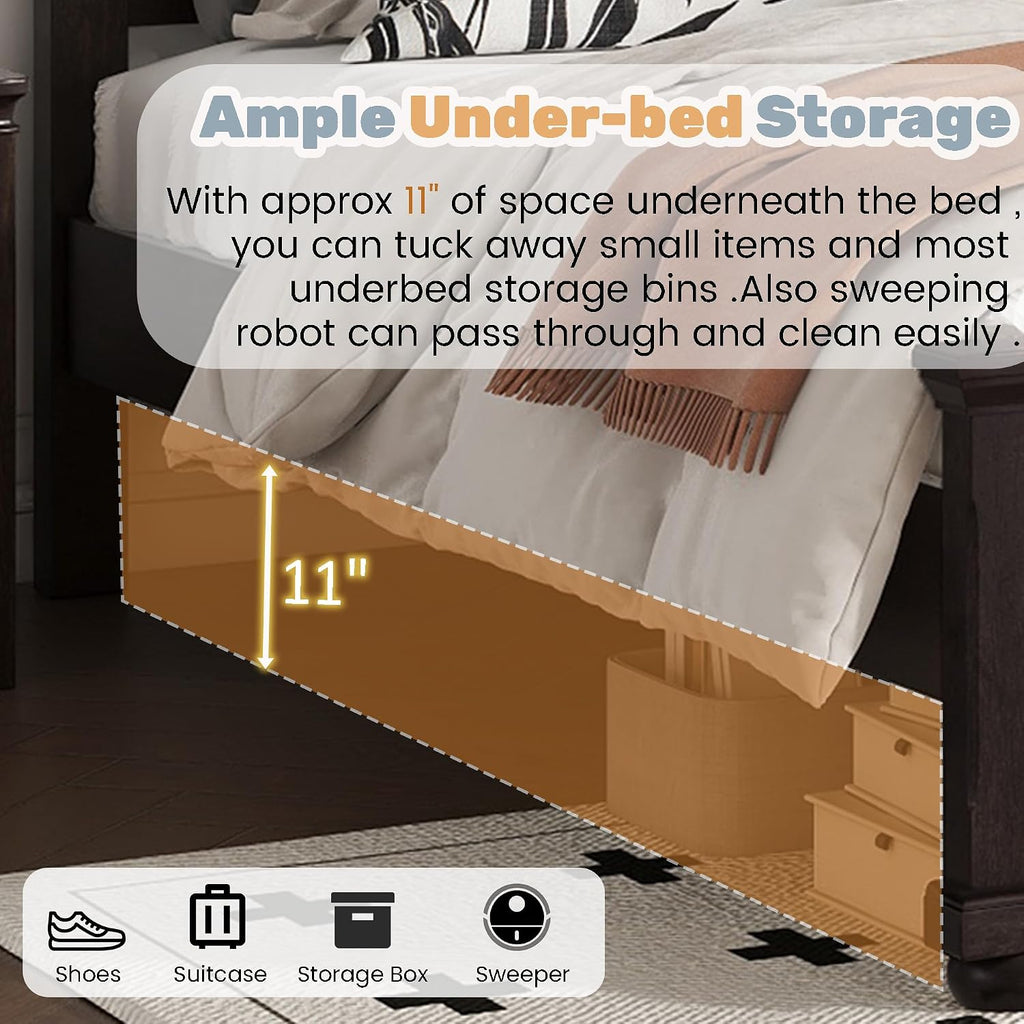 Mirightone Farmhouse King Bed Frame with High Headboard & Footboard, Solid Wood Rustic Bedroom Furniture Set with USB Charging Station, Under Bed Storage, No Box Spring Needed,Antique Brown