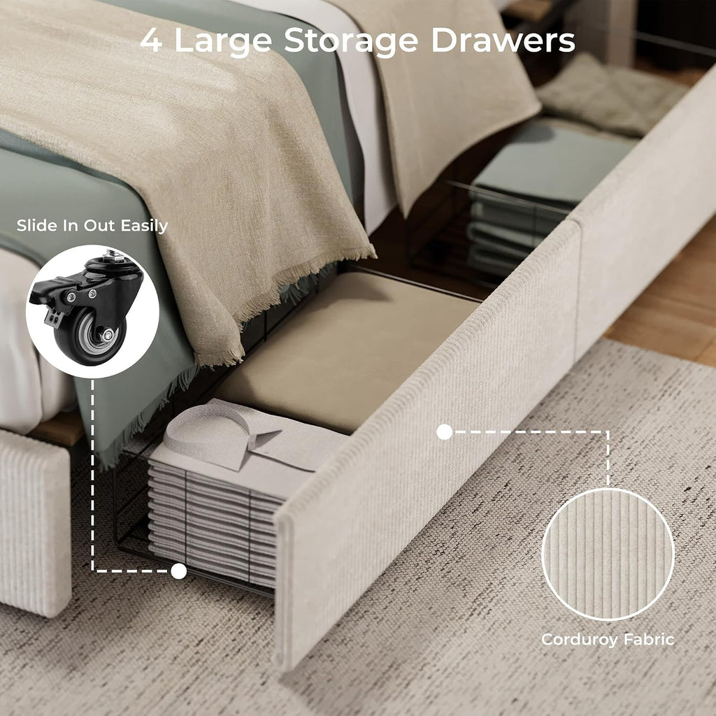 IDEALHOUSE Full Size Bed Frame with Tufted Wingback Headboard, Platform Corduroy Upholstered Bed Frame with 4 Storage Drawers and Wooden Slats Support, No Box Spring Needed, Beige