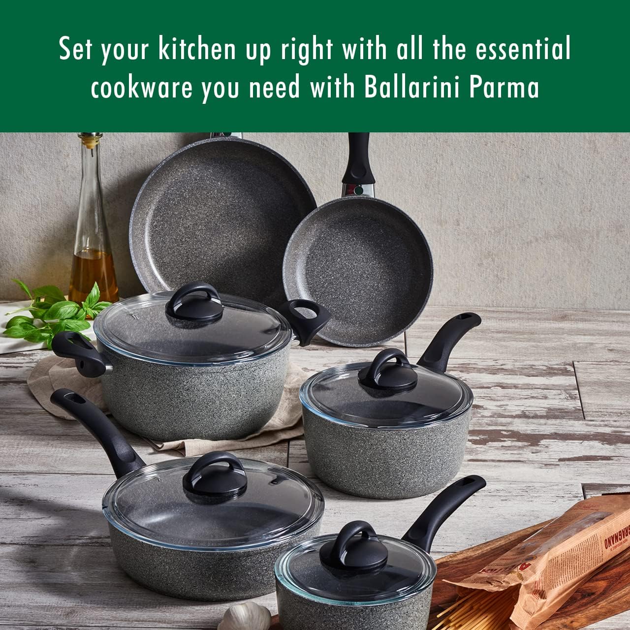 Ballarini 75001-652 Parma Forged Aluminum Nonstick Cookware Set, 10-Piece, Granite