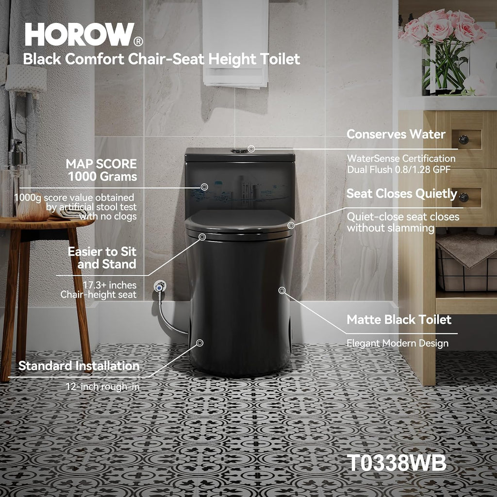 HOROW T0338WB Elongated One Piece Toilet Black, Compact Modern Toilet with Comfortable Seat Height, ADA Chair Height 17.3', Power Dual Flush 0.8/1.28 GPF, Matte Black, 12' Rough-in