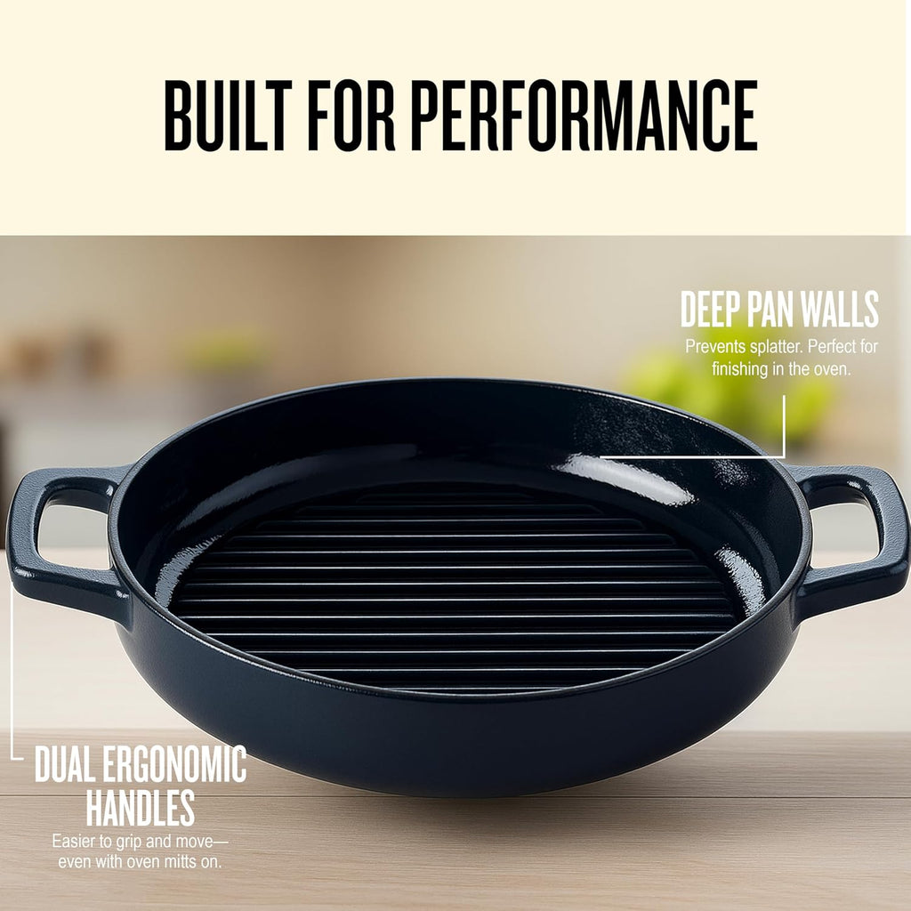 Alva Nori 11″ Enameled Cast Iron Grill Pan | PFAS-Free 3-Layer Enamel | Oven & Induction Safe | No Seasoning Needed | Raised Grill Ridges for Searing & Fat Drainage