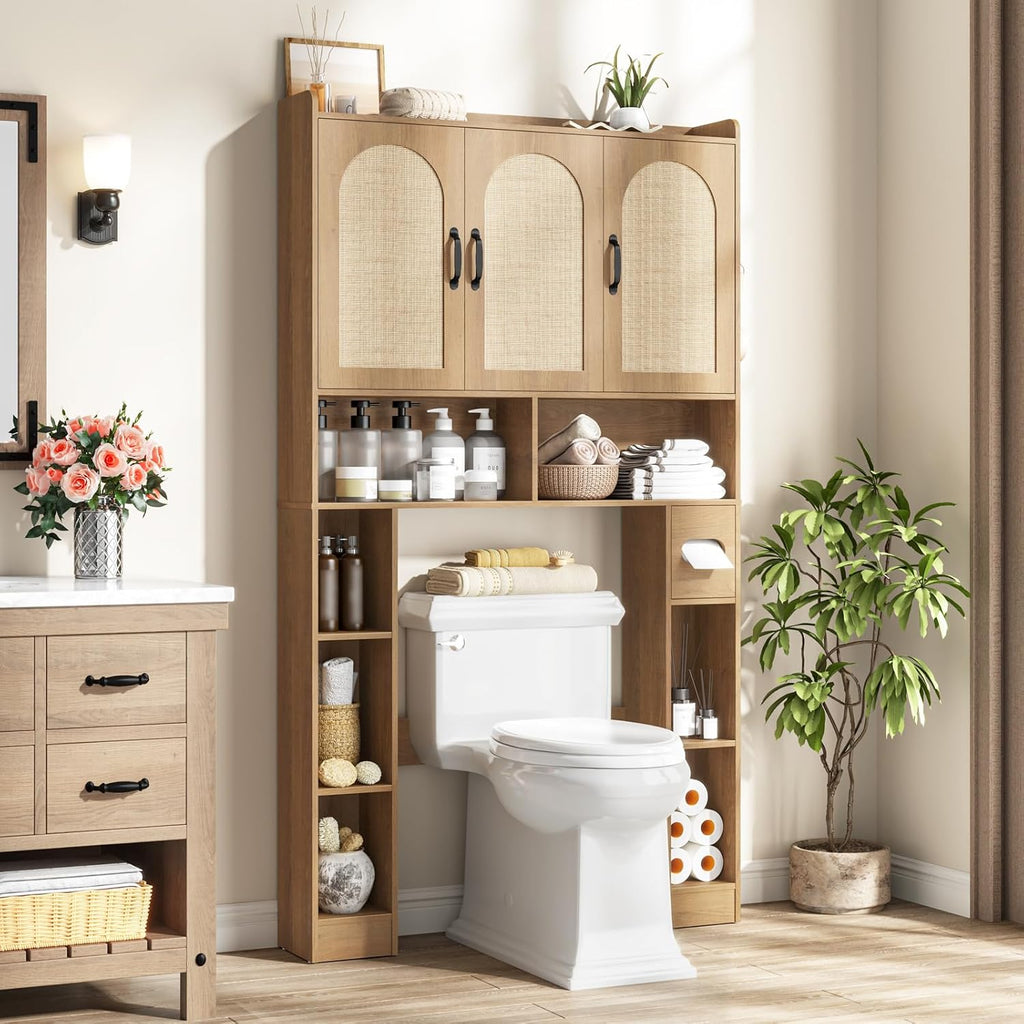 Vabches Over The Toilet Storage Cabinet,Farmhouse Over Toilet Bathroom Organizer with 3 Barn Doors & Toilet Paper Holder Stand,Home Space-Saving Toilet Rack with Shelves，for Bathroom,Restroom,Laundry