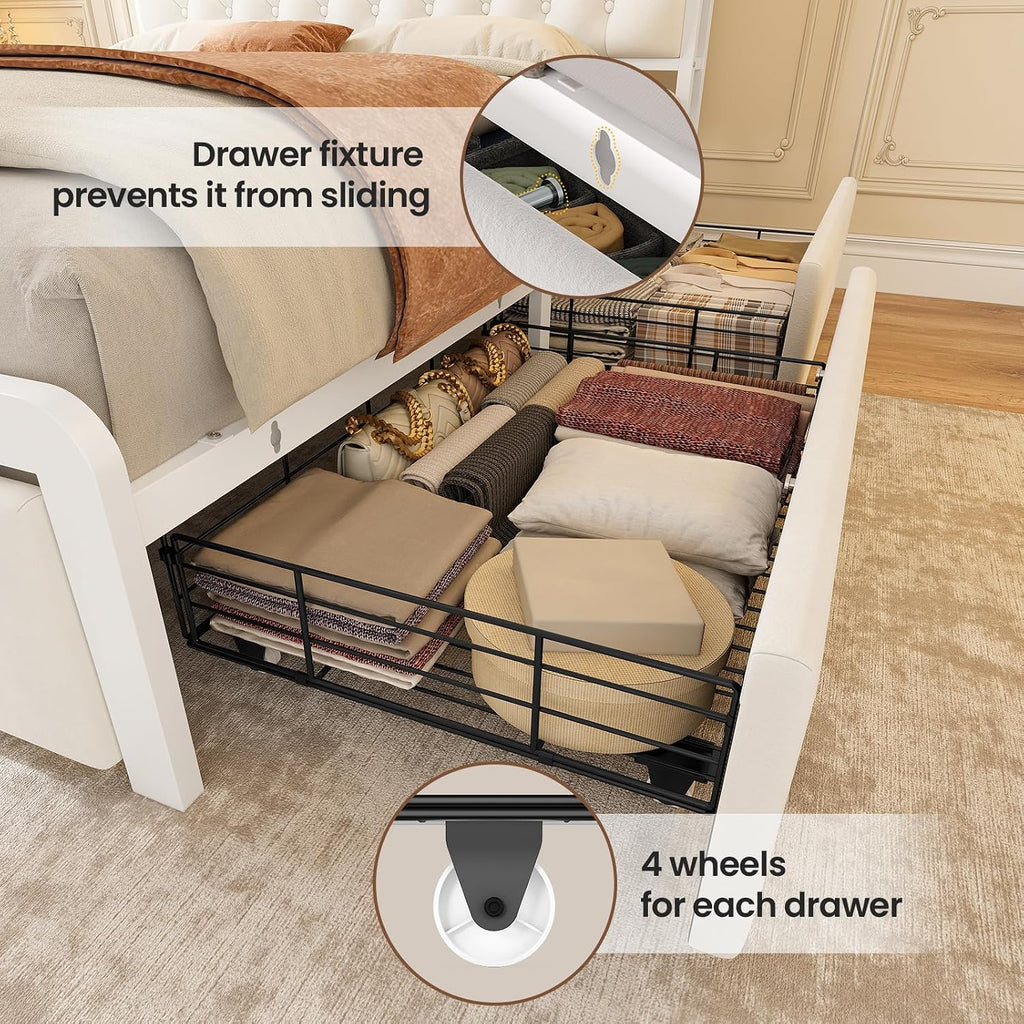 BTHFST King Size Bed Frame with 4 Storage Drawers and Headboard, Velvet Upholstered King Platform Bed with LED Lights & Charging Station, No Noise, No Box Spring Needed, Easy Assembly, Beige