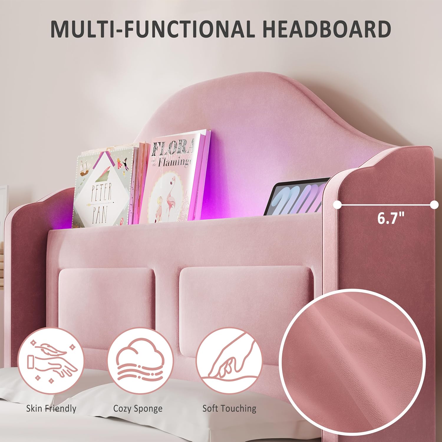 Garveehome Twin Bed Frame for Kids, Upholstered Velvet Princess Platform Bed for Boys/Girls with Wingback, Storage Bookcase Headboard & LED Light, No Box Spring Needed, Noise-Free, Easy Assembly, Pink