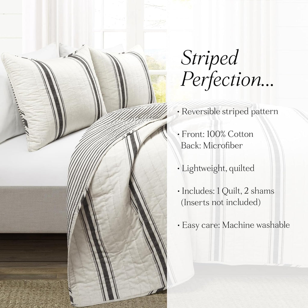 Lush Decor Farmhouse Stripe Reversible Cotton Quilt California King Size 3 Piece Set Black - Farmhouse Bedding Set - Cal King Quilt - Striped Bedding