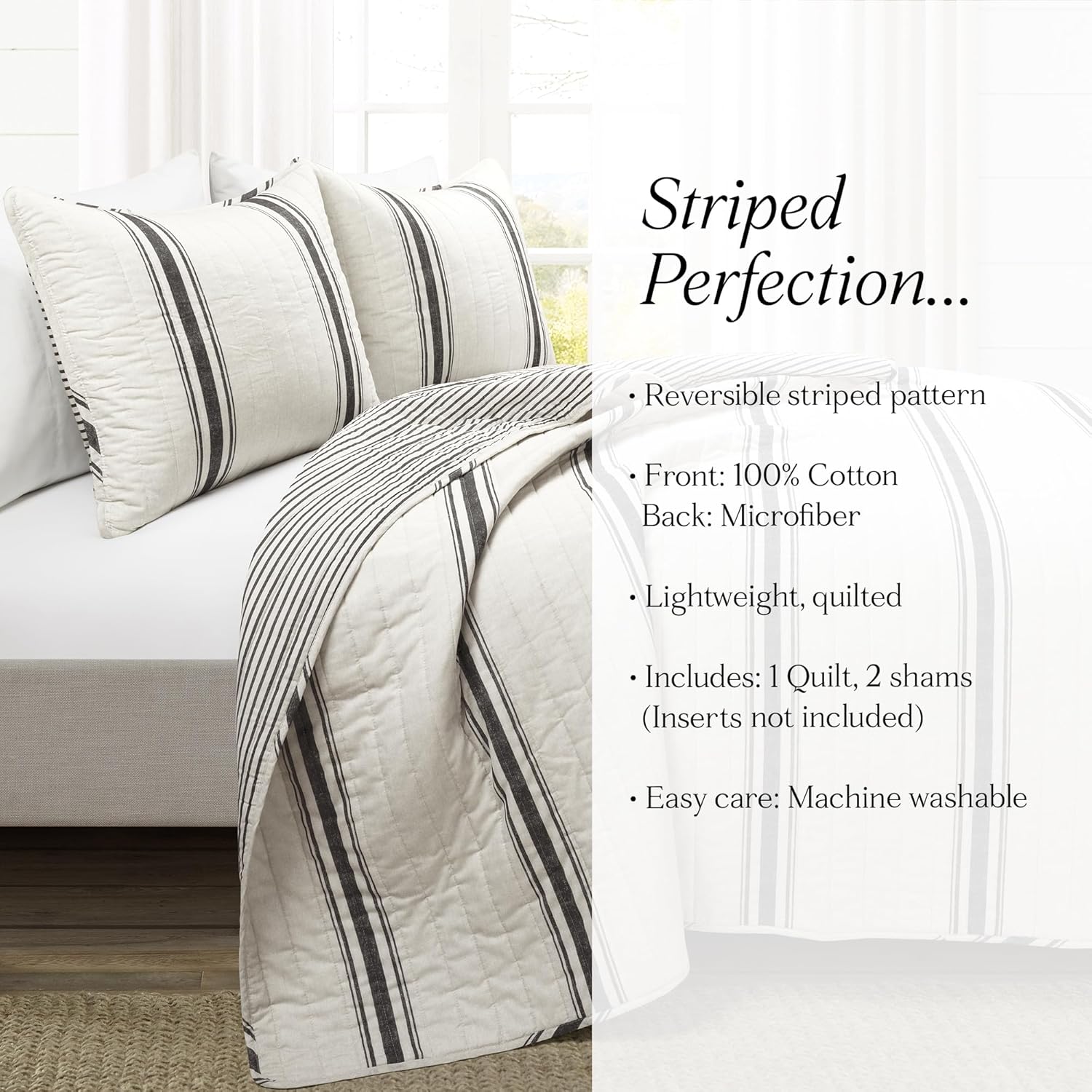 Lush Decor Farmhouse Stripe Reversible Cotton Quilt California King Size 3 Piece Set Black - Farmhouse Bedding Set - Cal King Quilt - Striped Bedding