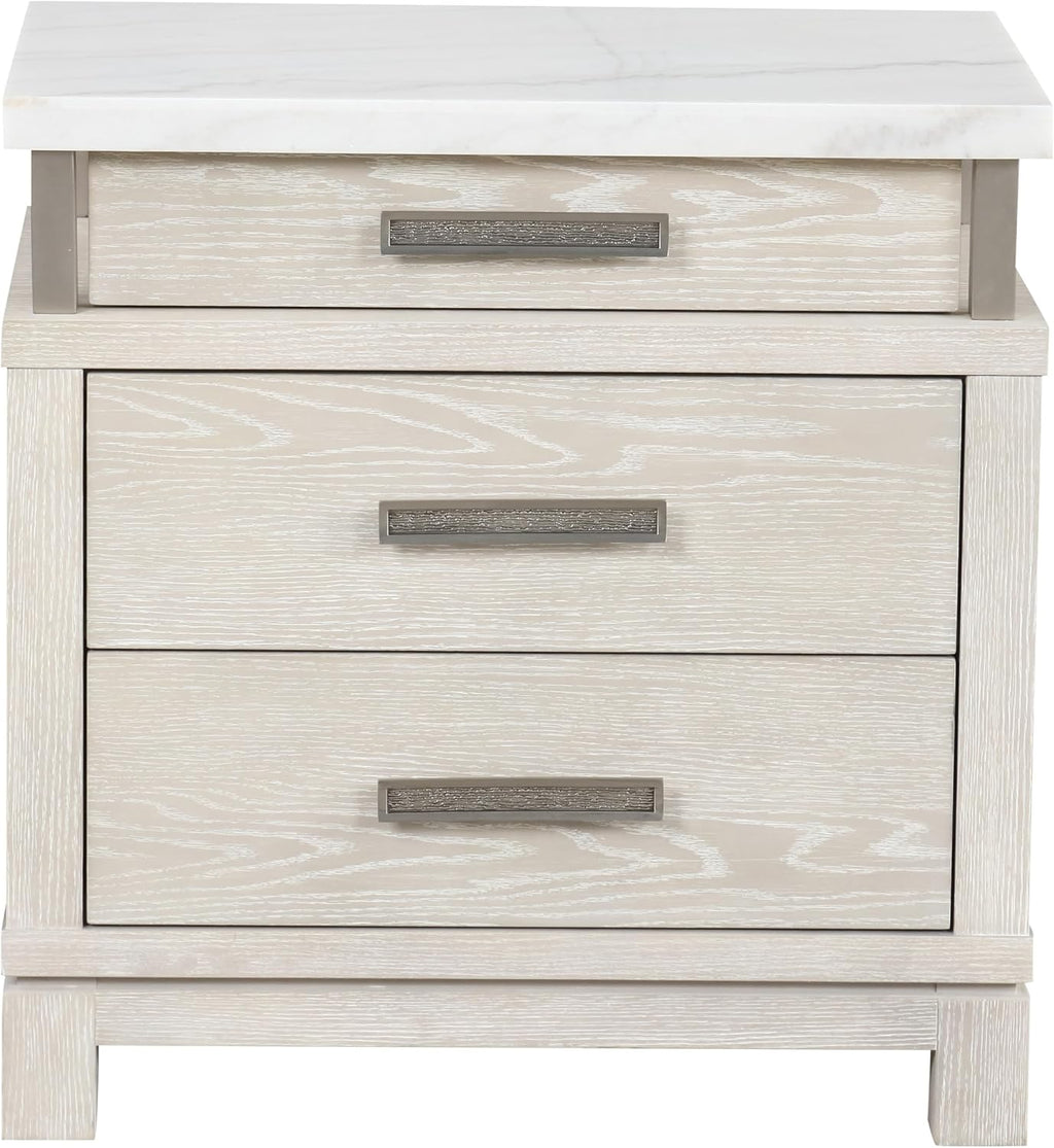 Furniture of America Bailer Modern Solid Wood 6-Piece Bedroom Set with LED on Headboard, Stainless Steal Posts and Marble Top on Nightstand, Box Spring Needed, King, Weathered Gray