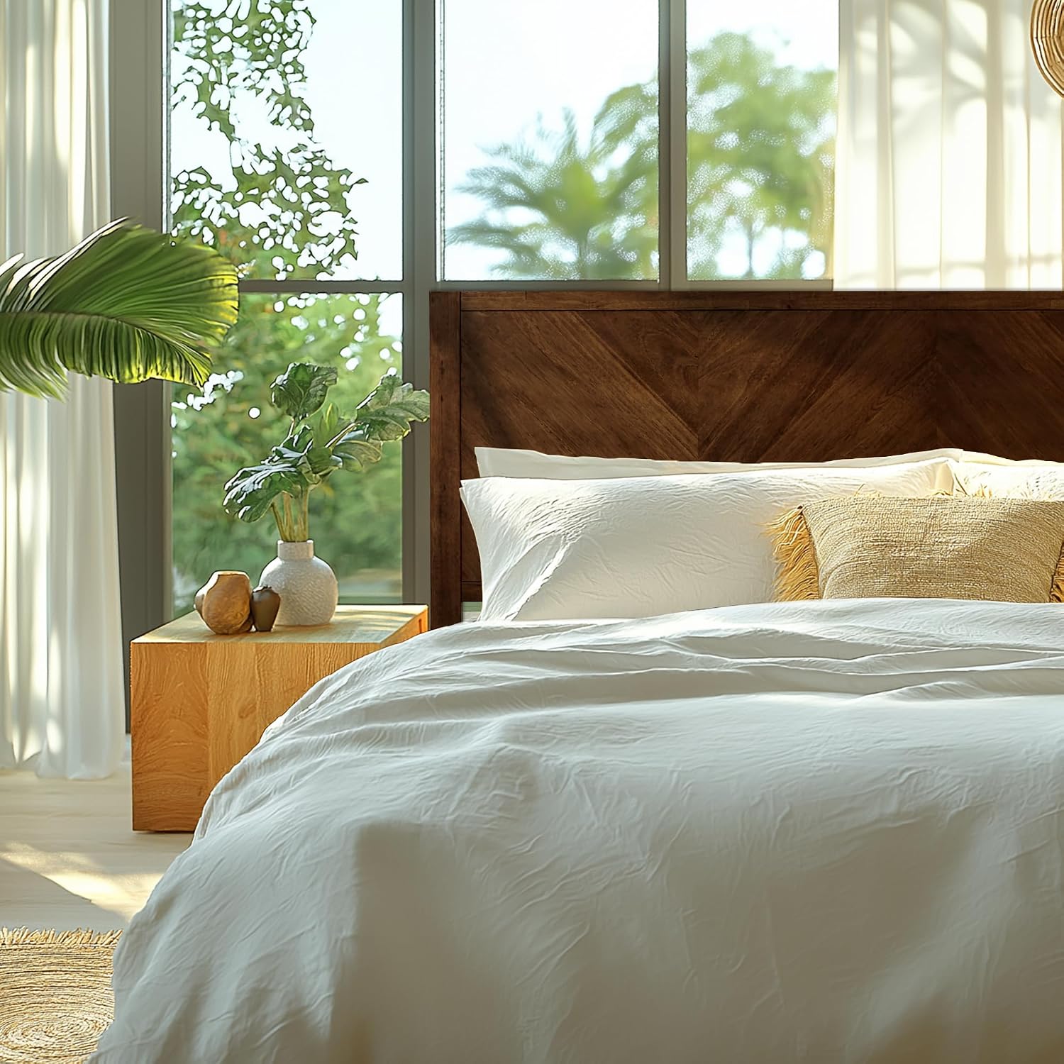 Acacia Alander Bed Frame with Headboard Bed Frame Queen Size Solid Wood Platform Bed, Scandinavian Signature High Headboard Wood Bed Compatible with All Mattress Types, 30 Mins Assembly, Walnut