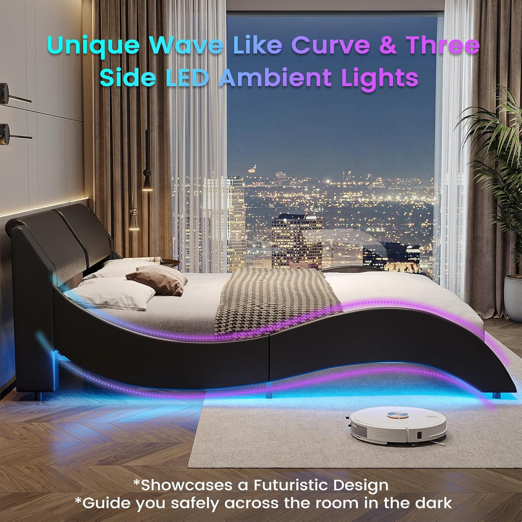 DICTAC Queen Bed Frame with Led Lights and Charging Ports Modern Upholstered Queen Size Platform Bed with Headboard Faux Leather Wave Like Curve Low Profile Platform Bed Frame,Wood Slats Support,Black