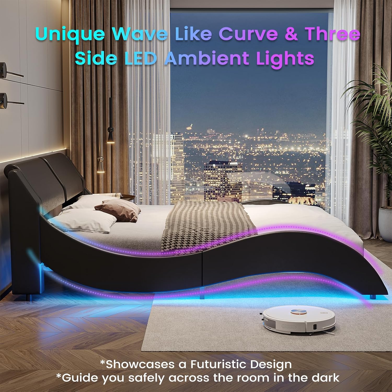 DICTAC Queen Bed Frame with Led Lights and Charging Ports Modern Upholstered Queen Size Platform Bed with Headboard Faux Leather Wave Like Curve Low Profile Platform Bed Frame,Wood Slats Support,Black