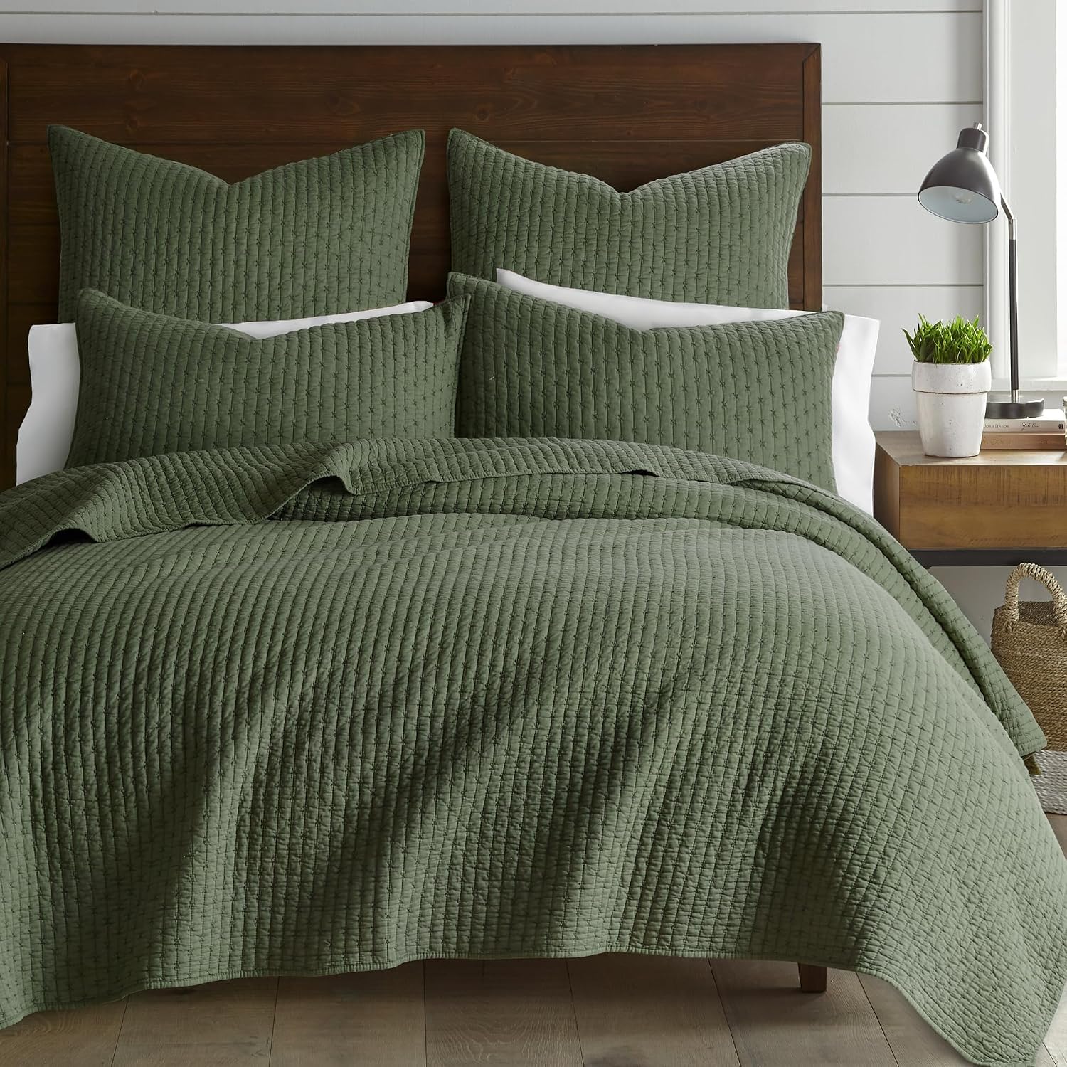 Levtex Home Cross Stitch Reversible King/Cal King Quilt Set (106x92in) and 2 Pillow Shams (36x20in) - Stitch Texture - Forest Green - Cotton King Size Quilt Bedding Set - Lightweight Soft Pre-Washed