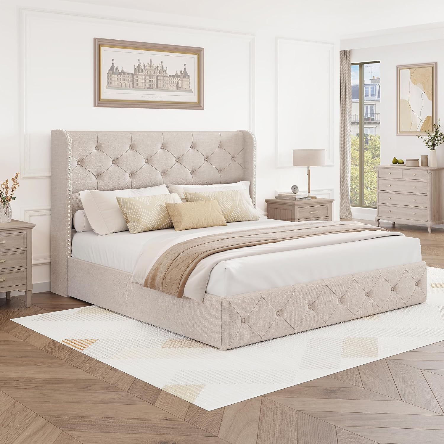 BRELTAM Full Size Bed Frame with Storage Drawers and Wingback Headboard Linen Upholstered Platform Bed Frame Tufted Beds with Heavy Duty Wood Slats, Noise Free, Easy Assembly, Beige