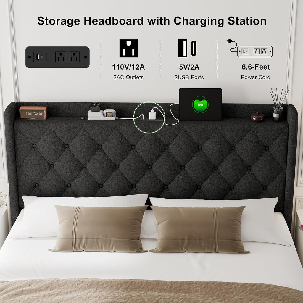 Feonase Lift Up Storage Bed Frame with Charging Station, Button Tufted Headboard Platform Bed Frame with Hydraulic Storage, Wooden Slat Support, No Box Spring Needed, Noise-Free (Black, Queen)