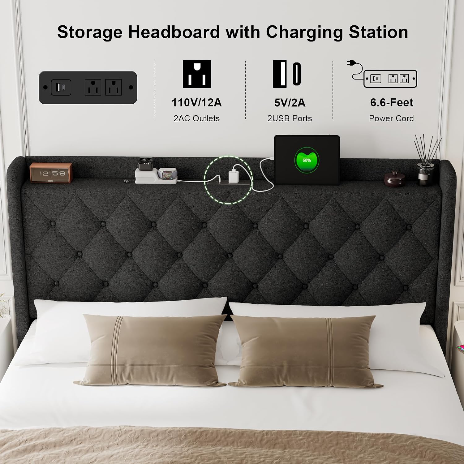 Feonase Lift Up Storage Bed Frame with Charging Station, Button Tufted Headboard Platform Bed Frame with Hydraulic Storage, Wooden Slat Support, No Box Spring Needed, Noise-Free (Black, Queen)