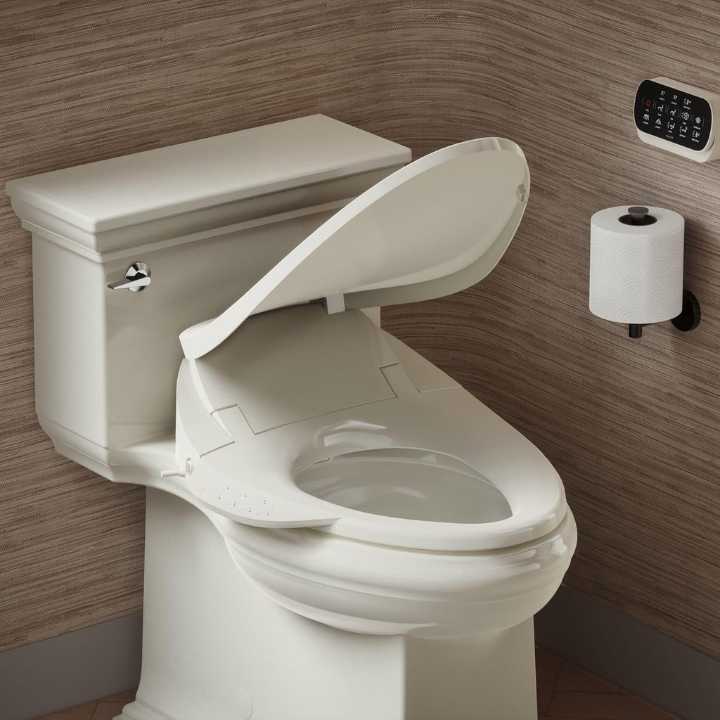 Kohler PureWash E750 Elongated Heated Bidet Toilet Seat, Touchscreen Remote Control, Biscuit, Quiet-Close Grip-Tight Lid, Self-Cleaning Wand, Warm Water Bidet, Adjustable Water Pressure, Nightlight