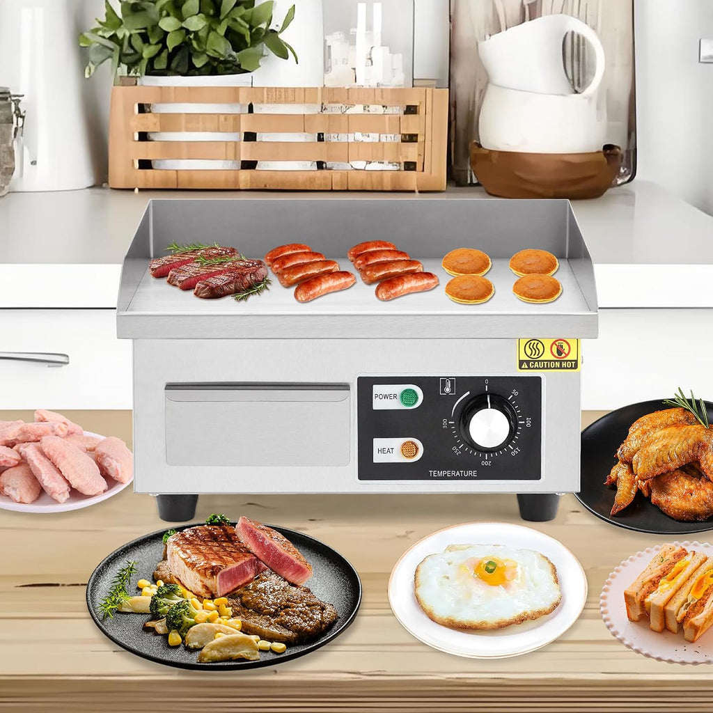 14' Stainless Steel Electric Griddle, 1500W Countertop Griddle with Non-Stick Adjustable Temperature Control 122°F-572°F, Electric Grill Perfect for Indoor Cooking, Camping